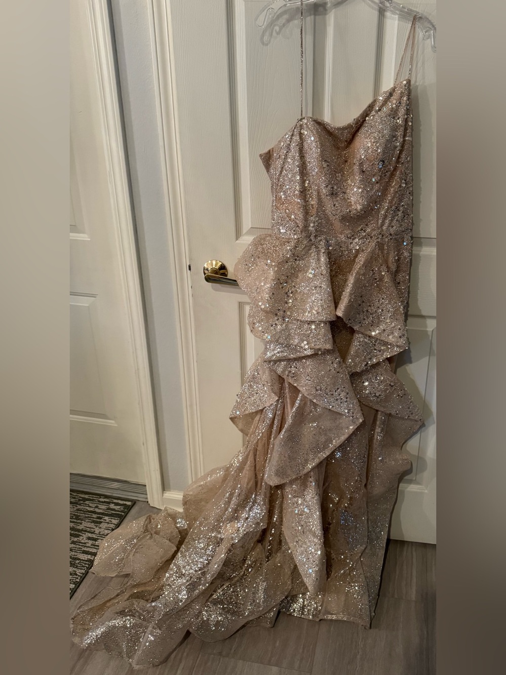 Sequined Ruffled Evening Gown in Champagne